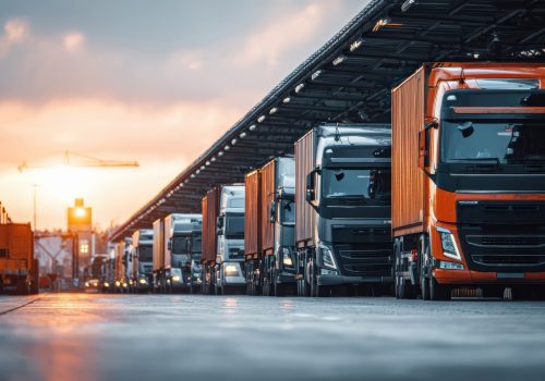 commercial-trucks-lined-up-logistics-hub-sunset